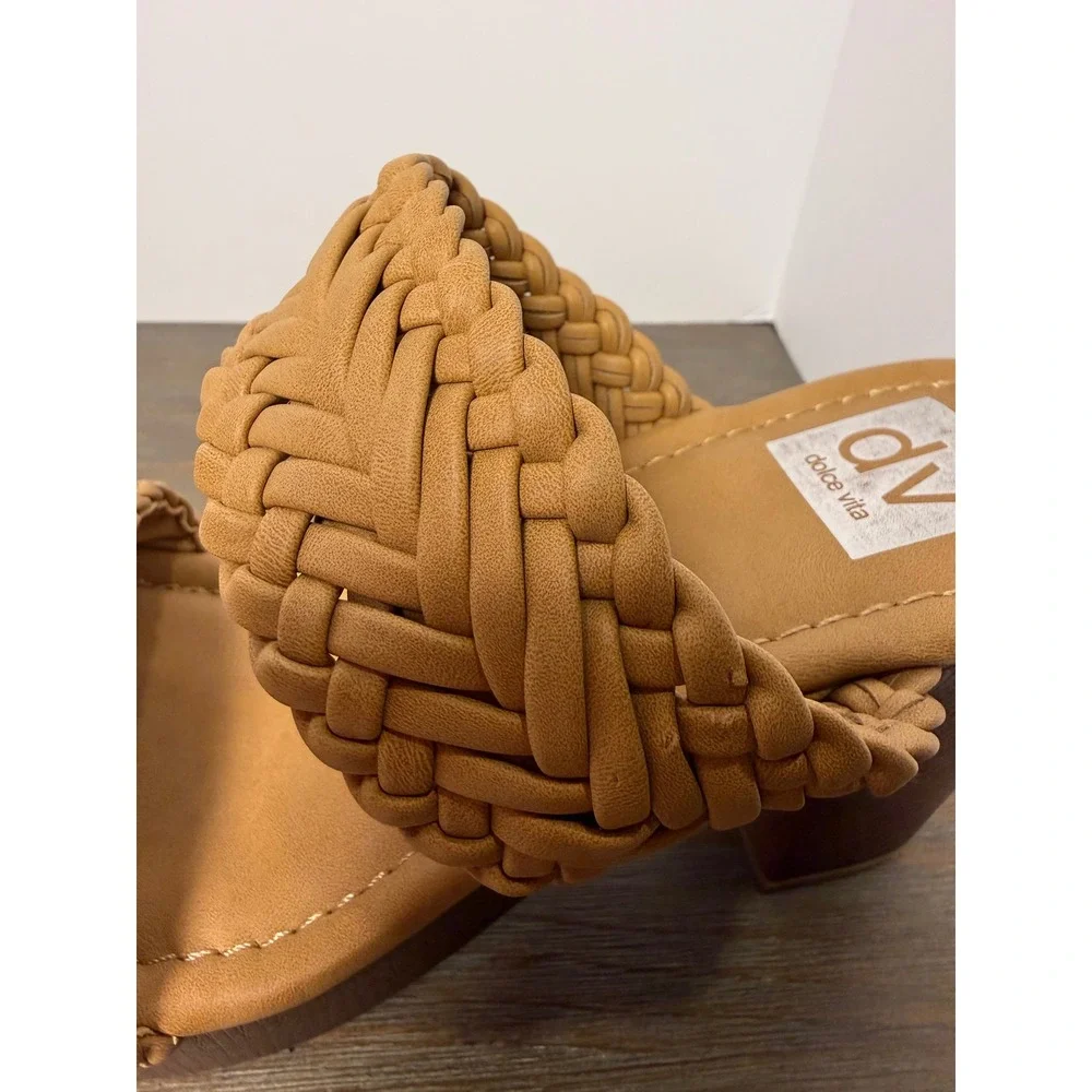 DV Dolce Vita Hilda Woven Slide Sandals Tan Block Heel Boho 7.5‎ Braided Boho